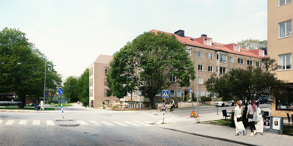 Flerbostadshus med 3-4 våningar vid en gatukorsning.  Stora träd, människor i rörelse på trottoar och vid ett övergångsställe. Illustration
